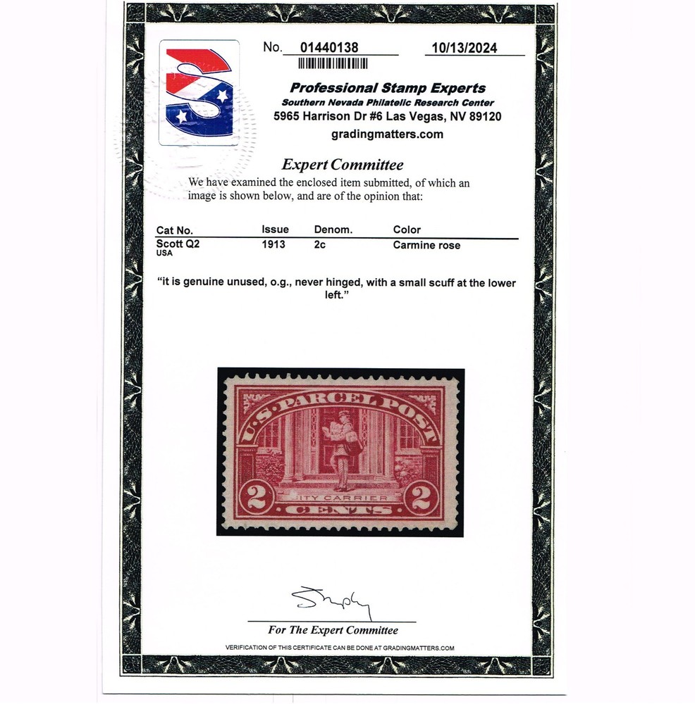 EXCELLENT GENUINE SCOTT #Q2 MINT PRISTINE OG NH 1913 PARCEL POST PSE CERT