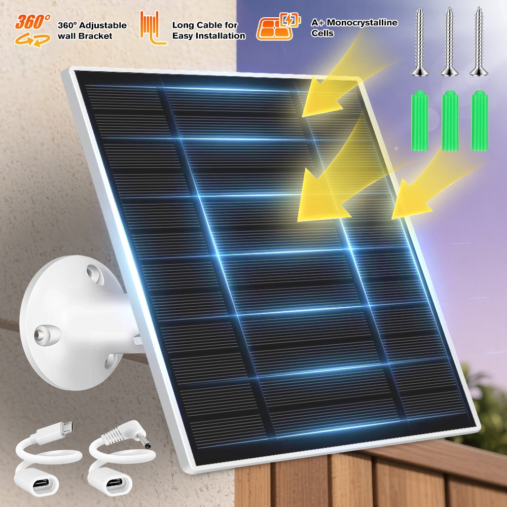 Solar Panel for Security Camera, 2 Pack 5W Solar Charger with Micro USB & USB-C