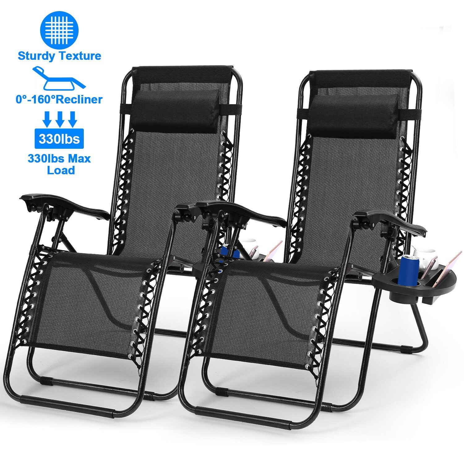 2 Sets Gravity Chairs Folding Patio Lounge Beach Outdoor Recliner with Side Tray