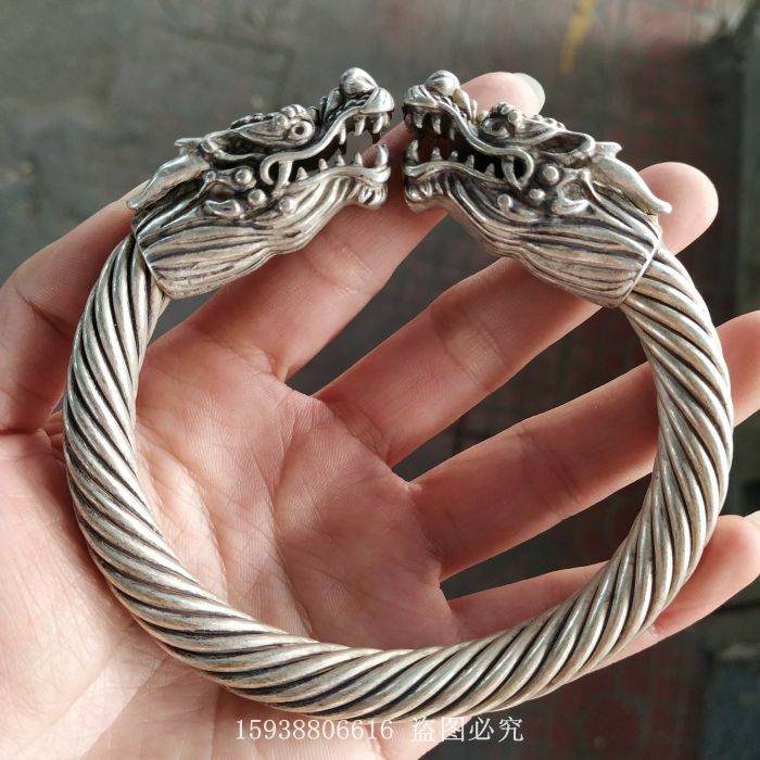 China old Tibetan silver Double headed Dragon Silver Bracelet Men's bracelet