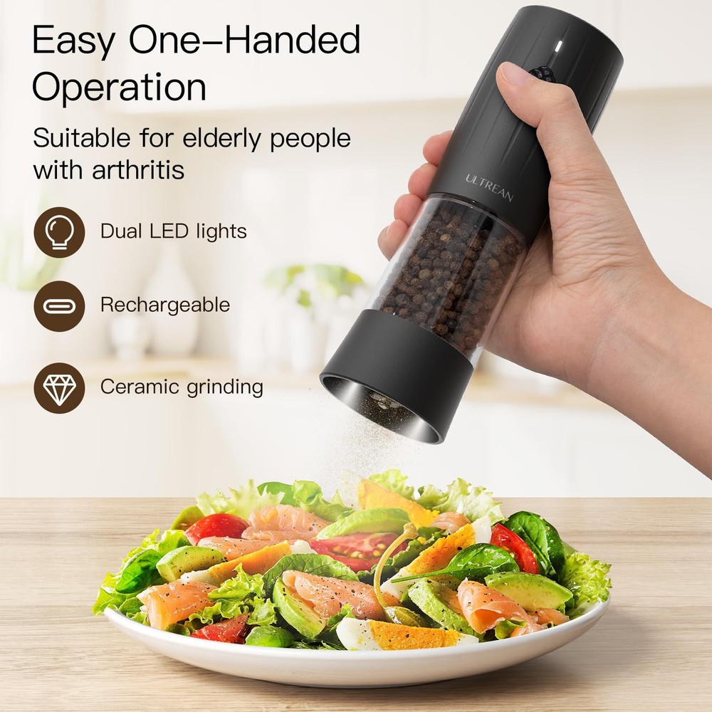 Salt and Pepper Grinder Set Rechargeable Automatic Pepper Mill Shakers Adjust...