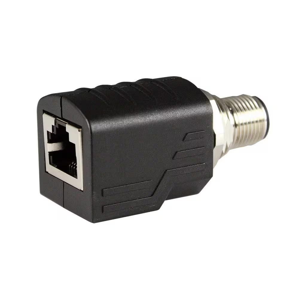 M12 to RJ45 Adapter, Male M12 D-Coded, Thru Panel Right Angle, Shielded