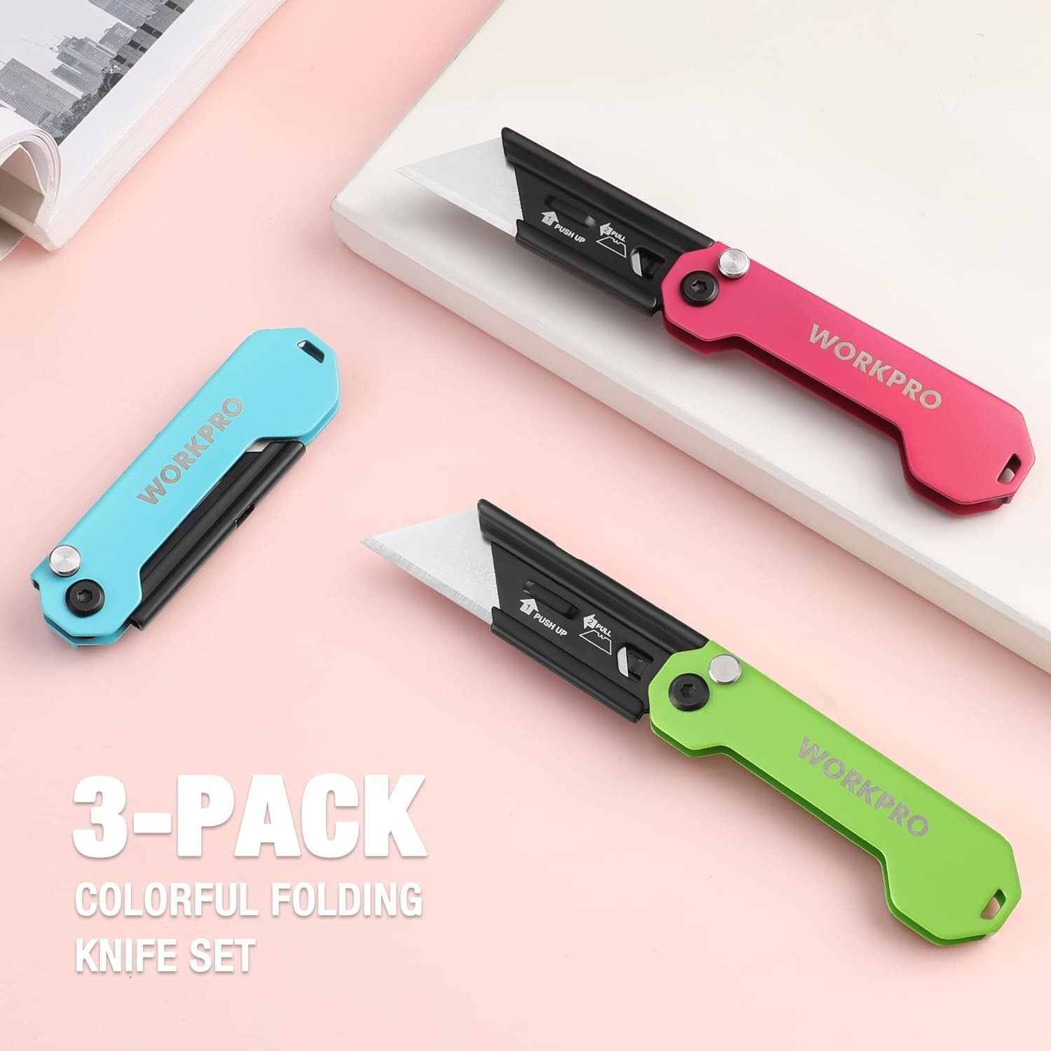 WORKPRO 3-Pack Folding Utility Knife Set Quick Change Blade Box Cutter EDC Knife