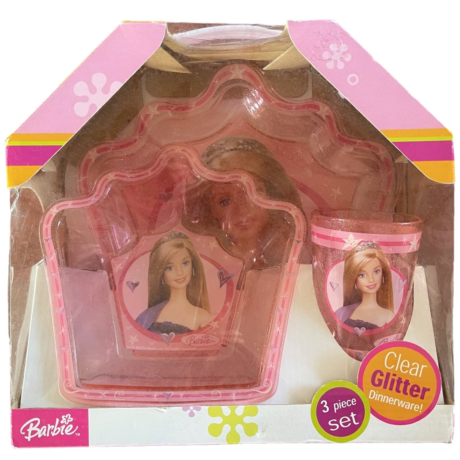 Barbie 3-piece Pink Glitter Dinnerware Set Plate Bowl & Tumbler for Mealtime