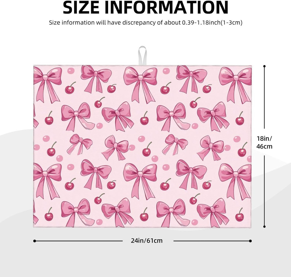 Dish Drying Mat for Kitchen Pink Bow Pattern Cherry Counter Absorbent Dishes