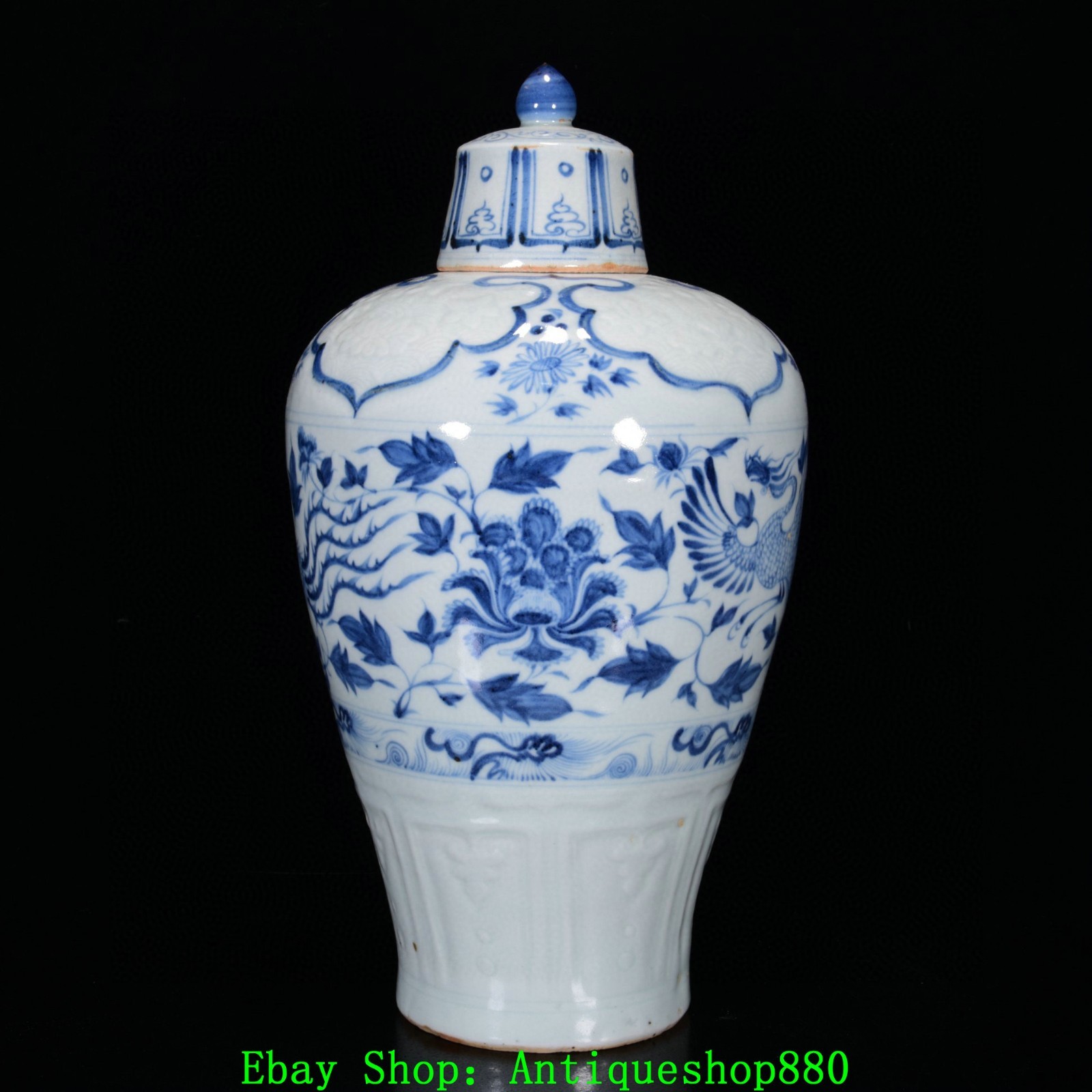 15''Yuan Dynasty Blue White Porcelain Phoenix Peony Flower Bottle Vase Pair