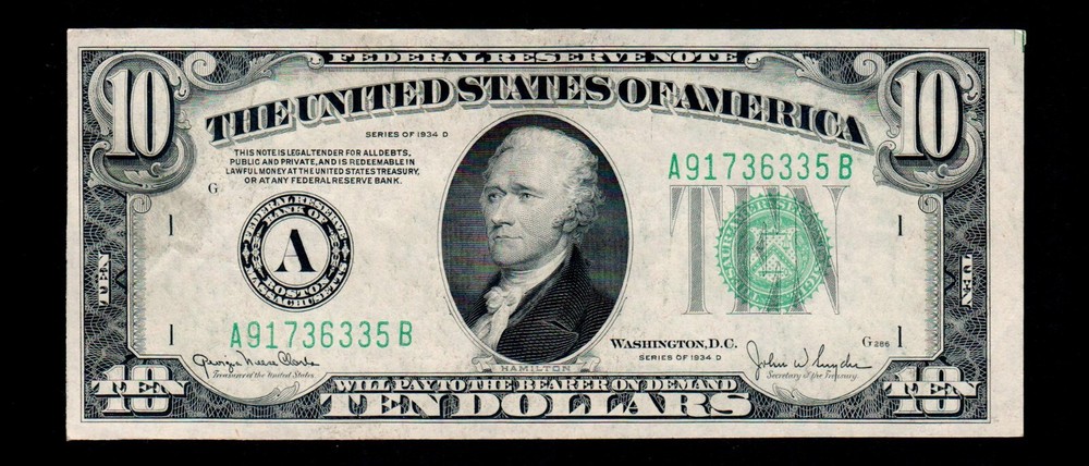 ((Misalignment Error)) $10 1934-D Federal Reserve Note Boston (H112)