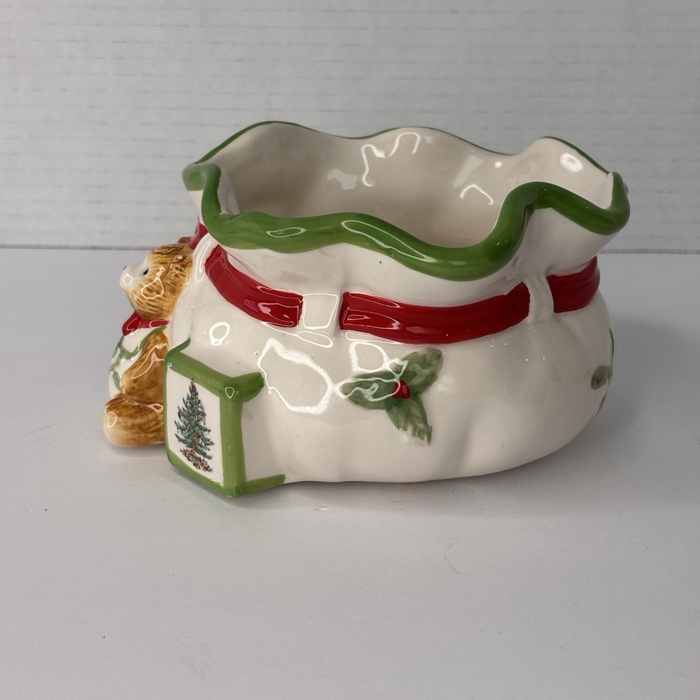 SPODE HAND PAINTED "CHRISTMAS TREE" PATTERN SANTA'S POUCH CANDY DISH