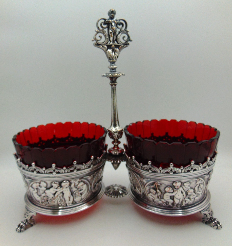 1870 Antique English Elkington Silver Plated & Ruby Red Glass Bowl Jam Holder