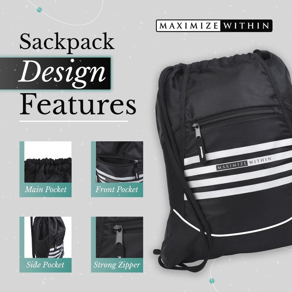 Maximize Within Durable Water-Resistant Drawstring Sackpack – Large, Black