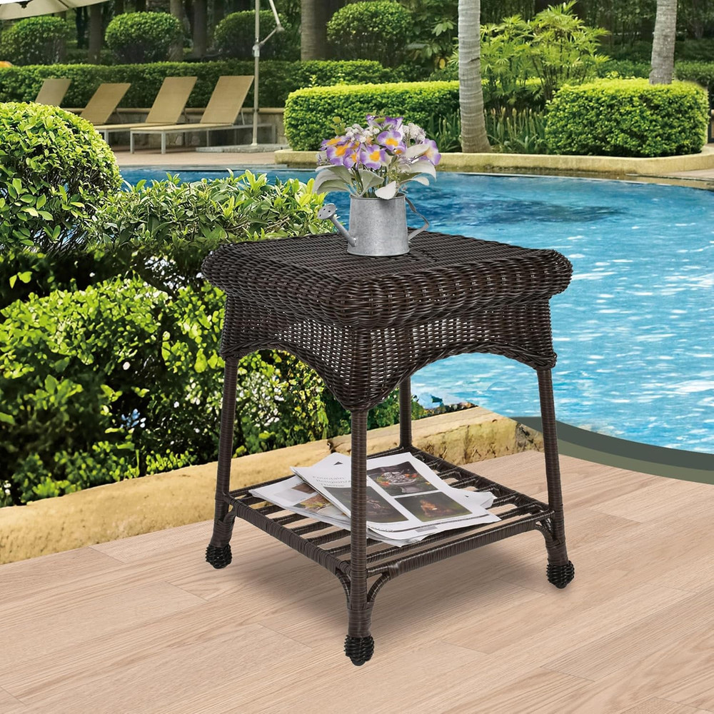 Outdoor Espresso Wicker End Table