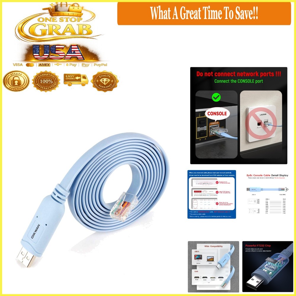 6ft USB to RJ45 Console Cable for Cisco Routers Switches Windows Mac Linux