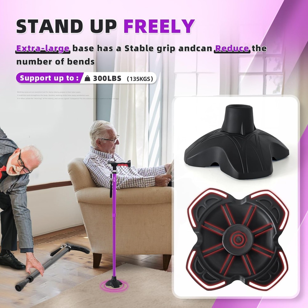 Folding Walking Cane with Two Led Lights for Elderly Solid Base Adjustable Walki