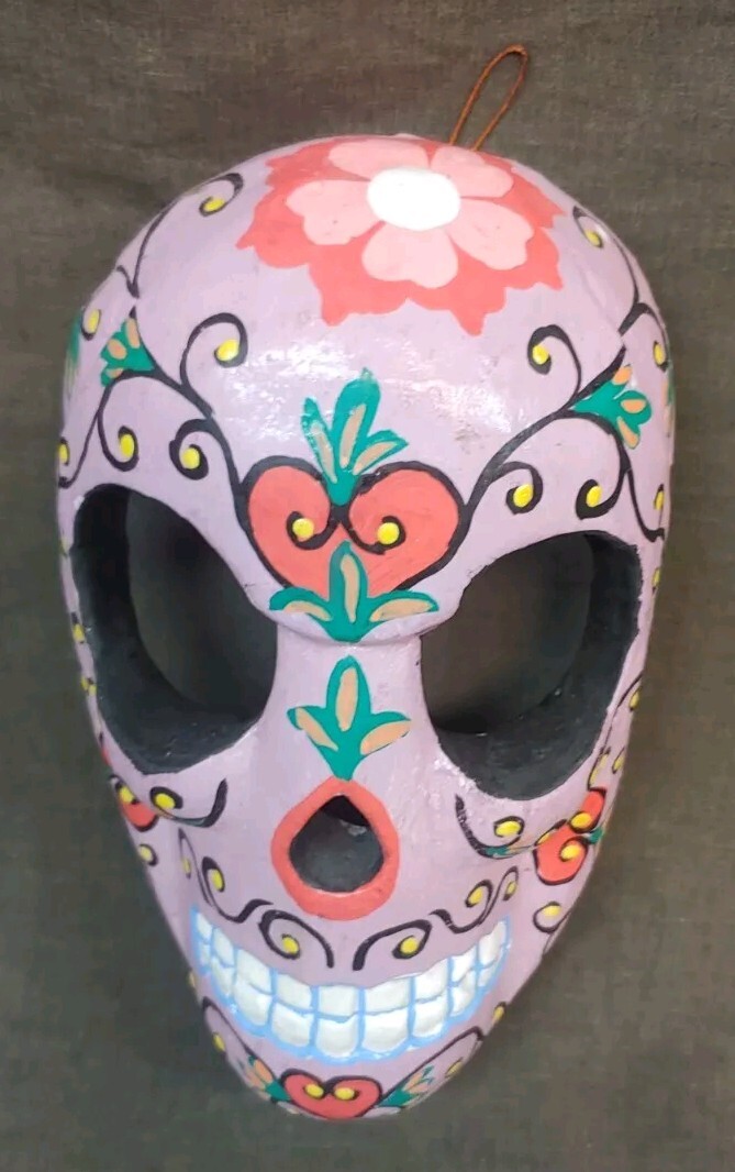 Hand Painted Carved Wall Hanging Sugar Skull Mask Day Of The Dead
