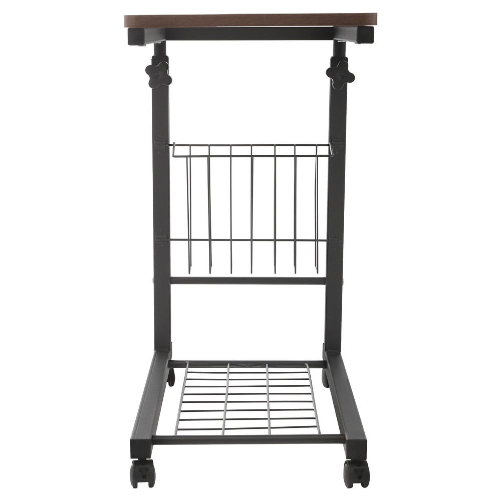 2 Tiers Red Walnut Color Mobile Standalone Adjustable Bed Side Table w/ Wheels