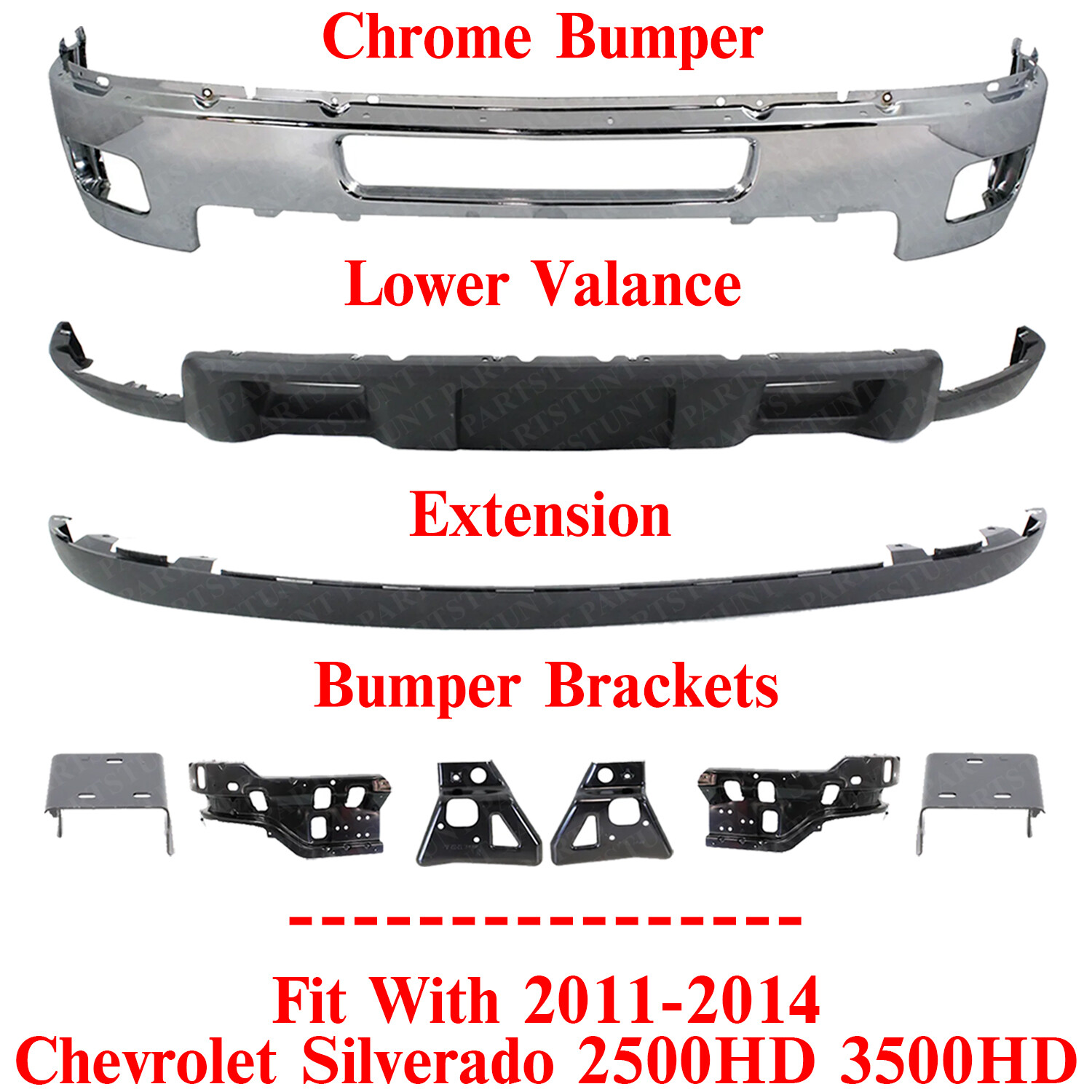 Front Bumper Chrome Steel Kit With Brackets For 2011-2014 Silverado 2500HD 3500
