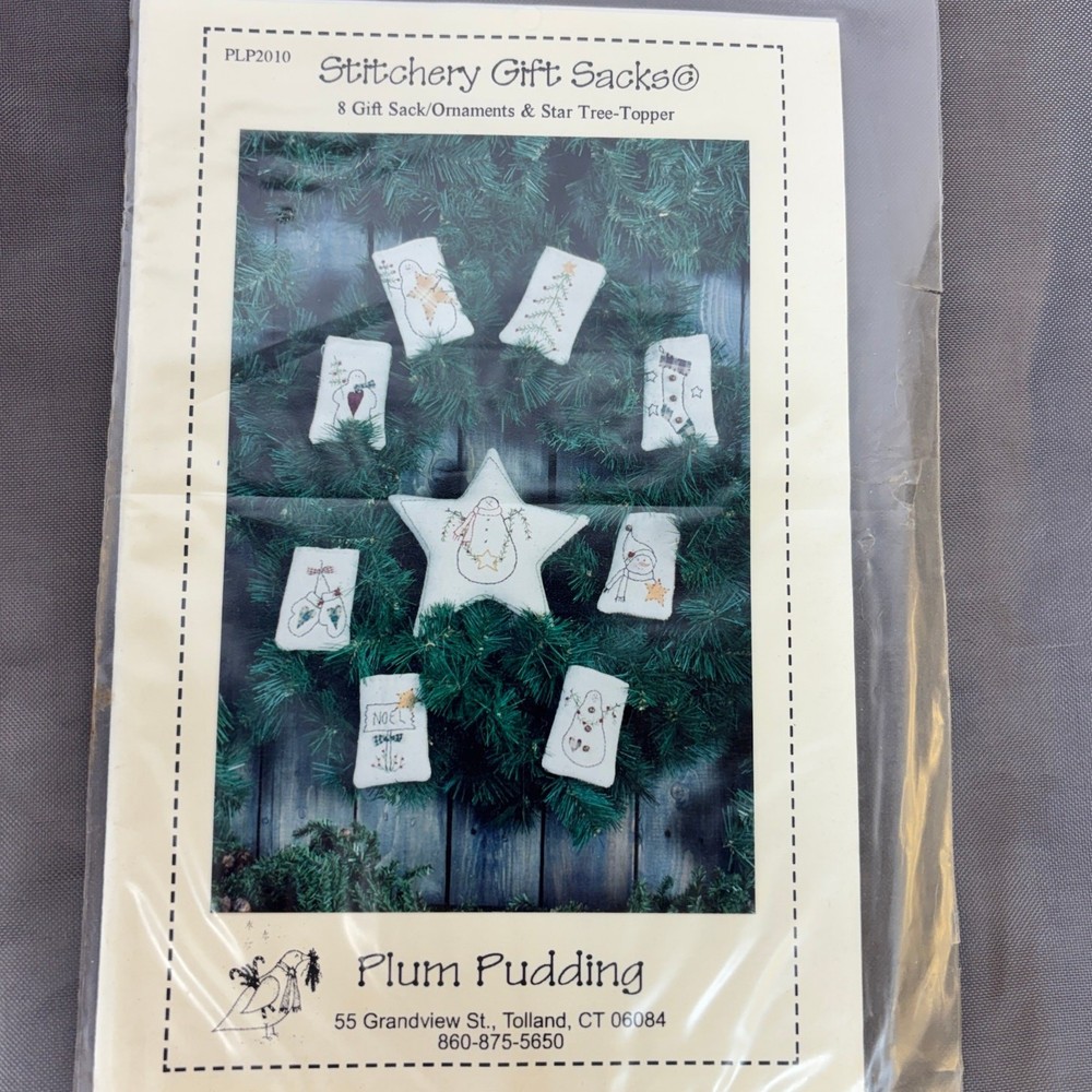 Stitchery Gift Sack Ornament & Tree Topper Hand Embroidery Patterns Plum Pudding