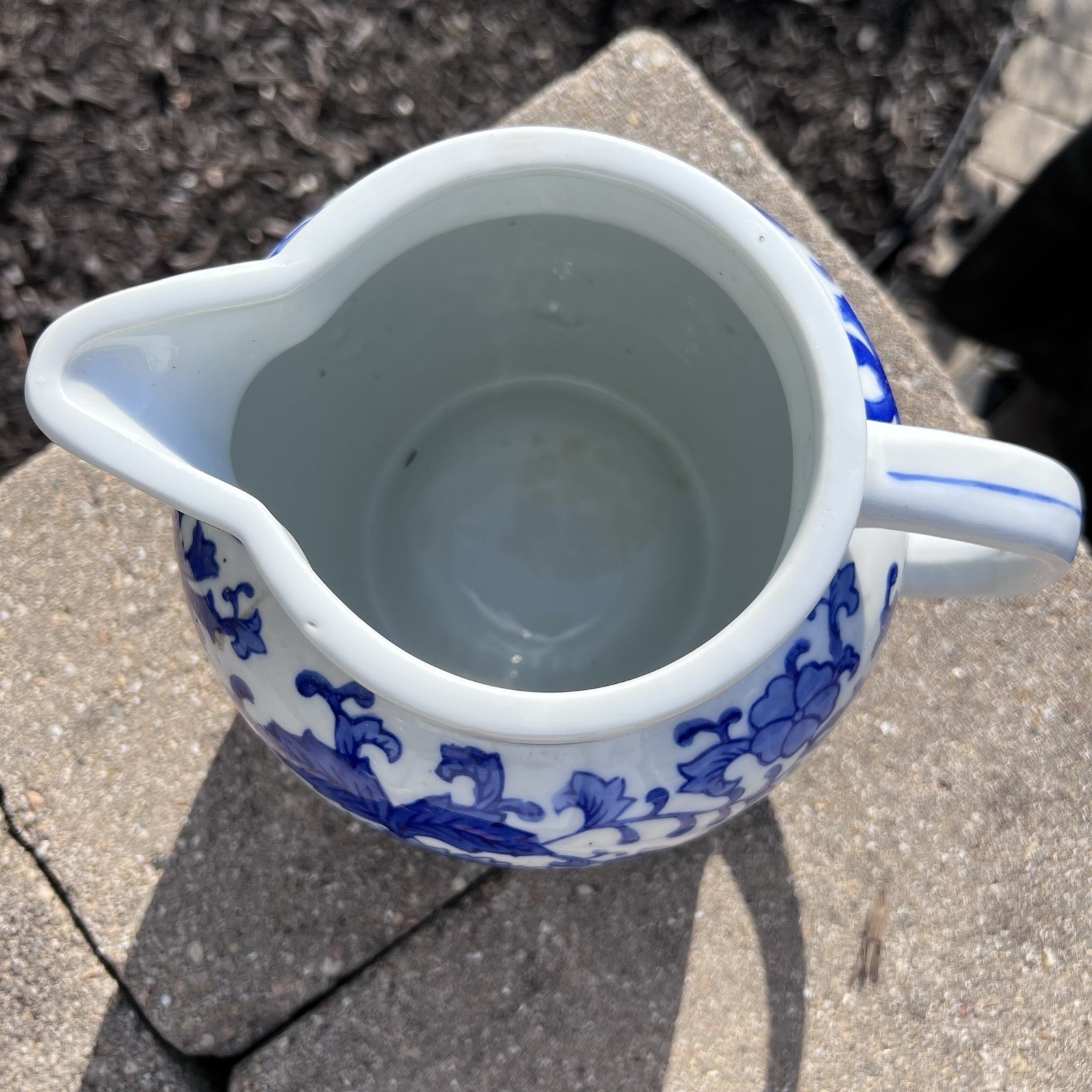 XL Pitcher Pitcher Blue & White Porcelain 60 oz Hand Painted Glaze Floral 9.25”