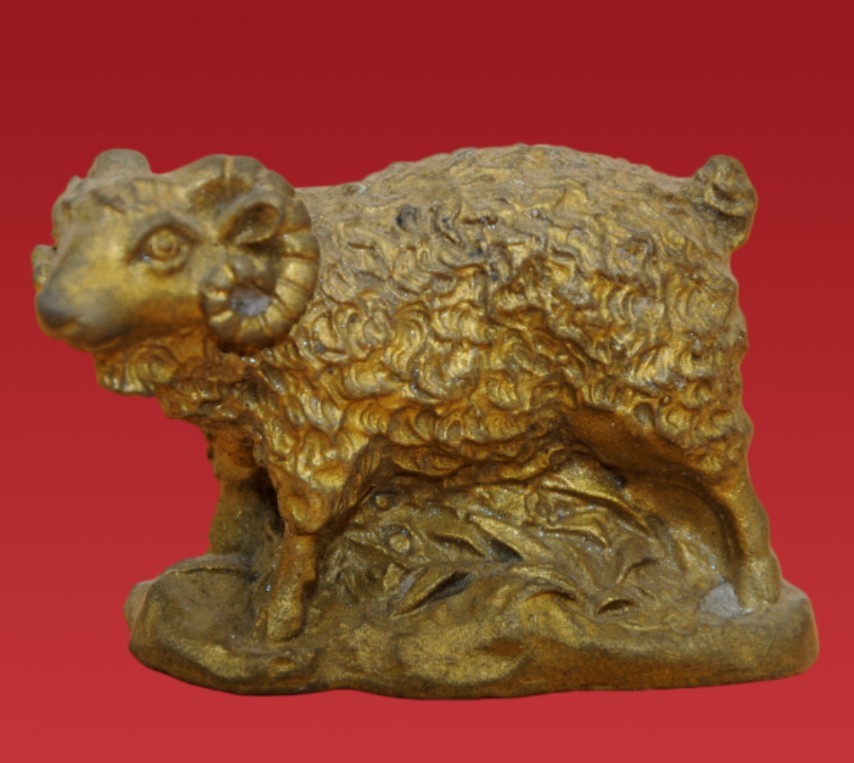 Vintage Chinese Gilt Brass Sheep - Detailed Wool Textured Goat Decor Art