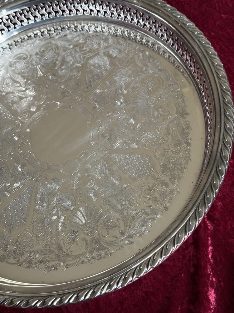 VTG Silver-plate 13” Tray Oneida USA with Scroll Etching Raised Rim Pierced.