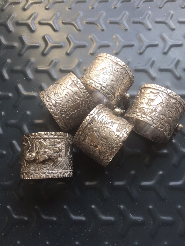 Set Of Antique Solid Silver Peruvian Napkin Rings