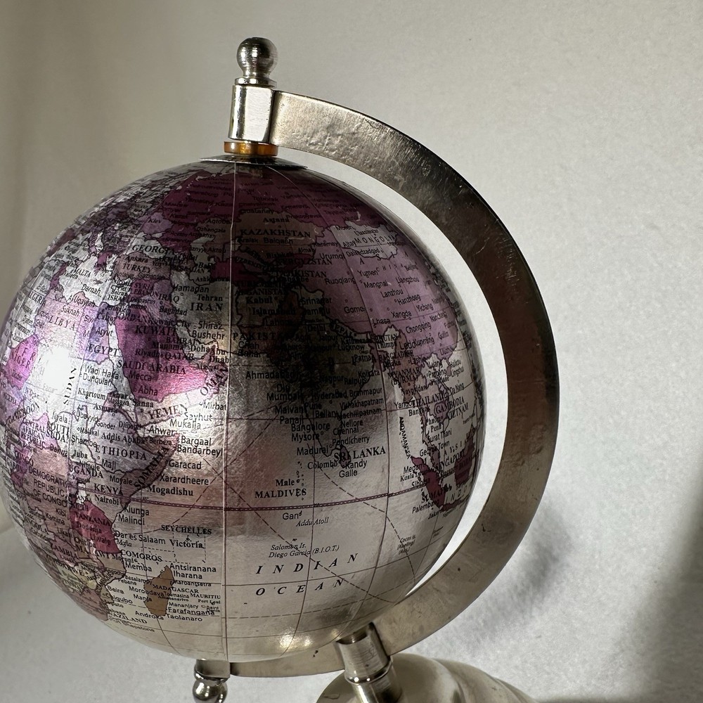 Small 9” Silver Globe Spins On Axis with Base