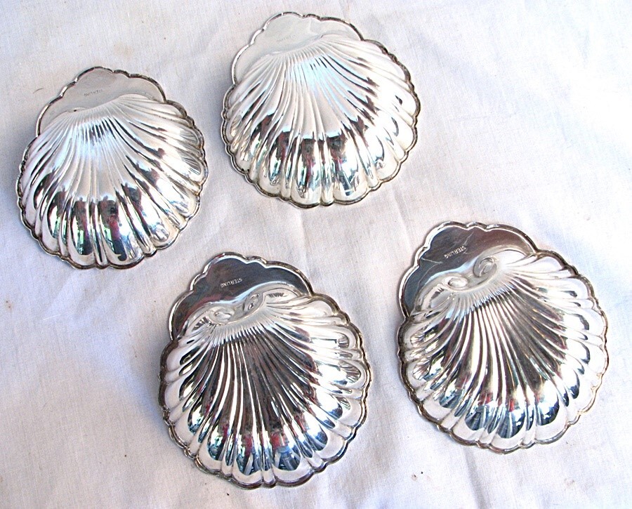 4 STERLING SEA SHELL DISHES SILVER c.1920