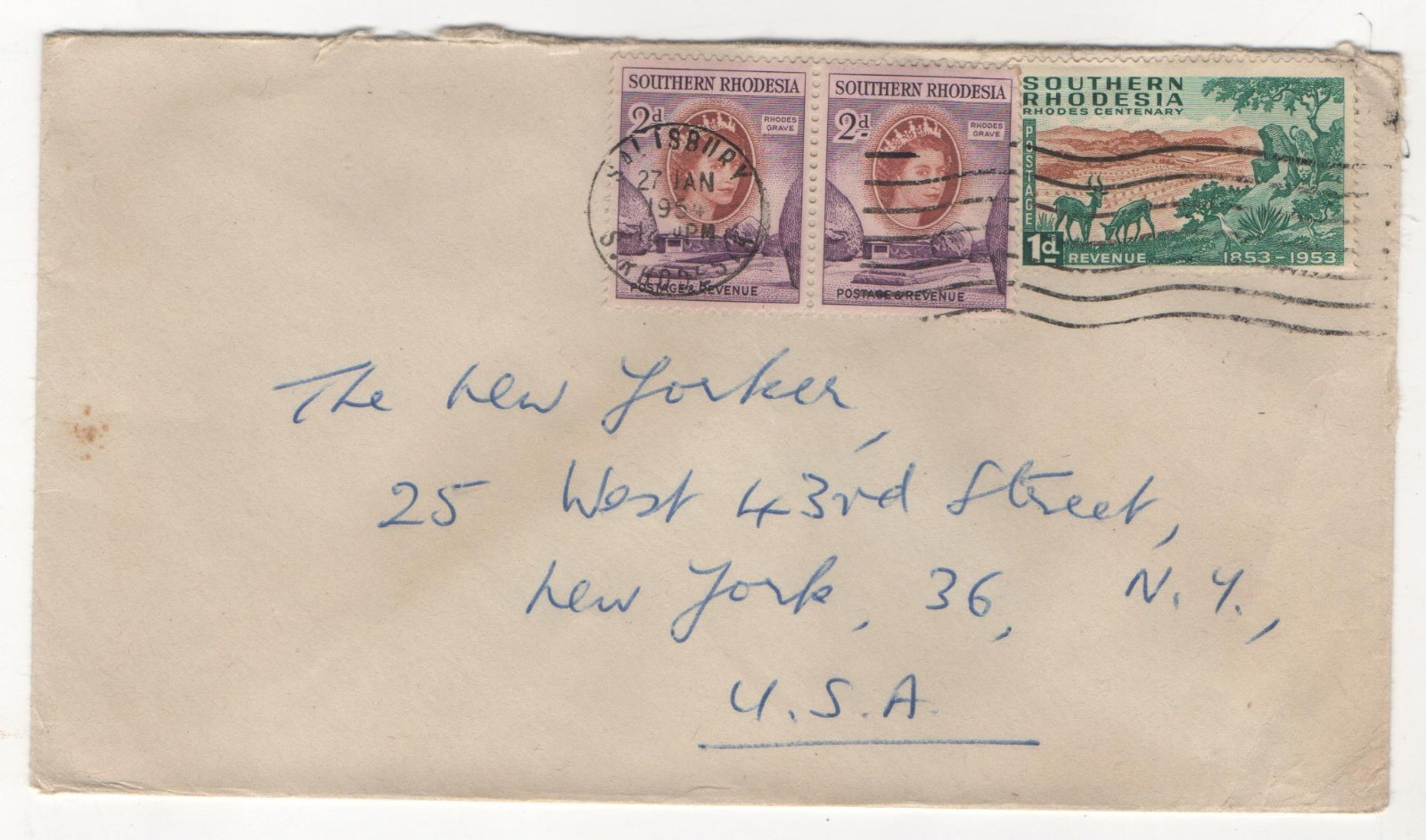1954 SOUTHERN RHODESIA AIRMAIL Air Mail Cover TO USA Box#1