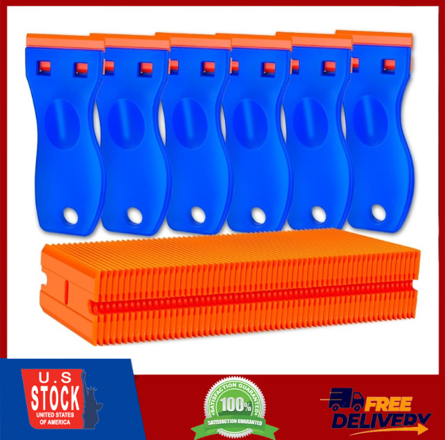 Plastic Razor Blade Scraper Set Label Removal - 6 Scrapers 60 Replacement Blades