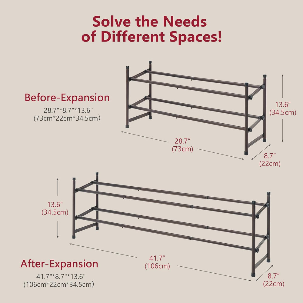 2 Tier Expandable Shoe Rack for Closet, 28“-41“Adjustable & Stackable Shoe Shelf