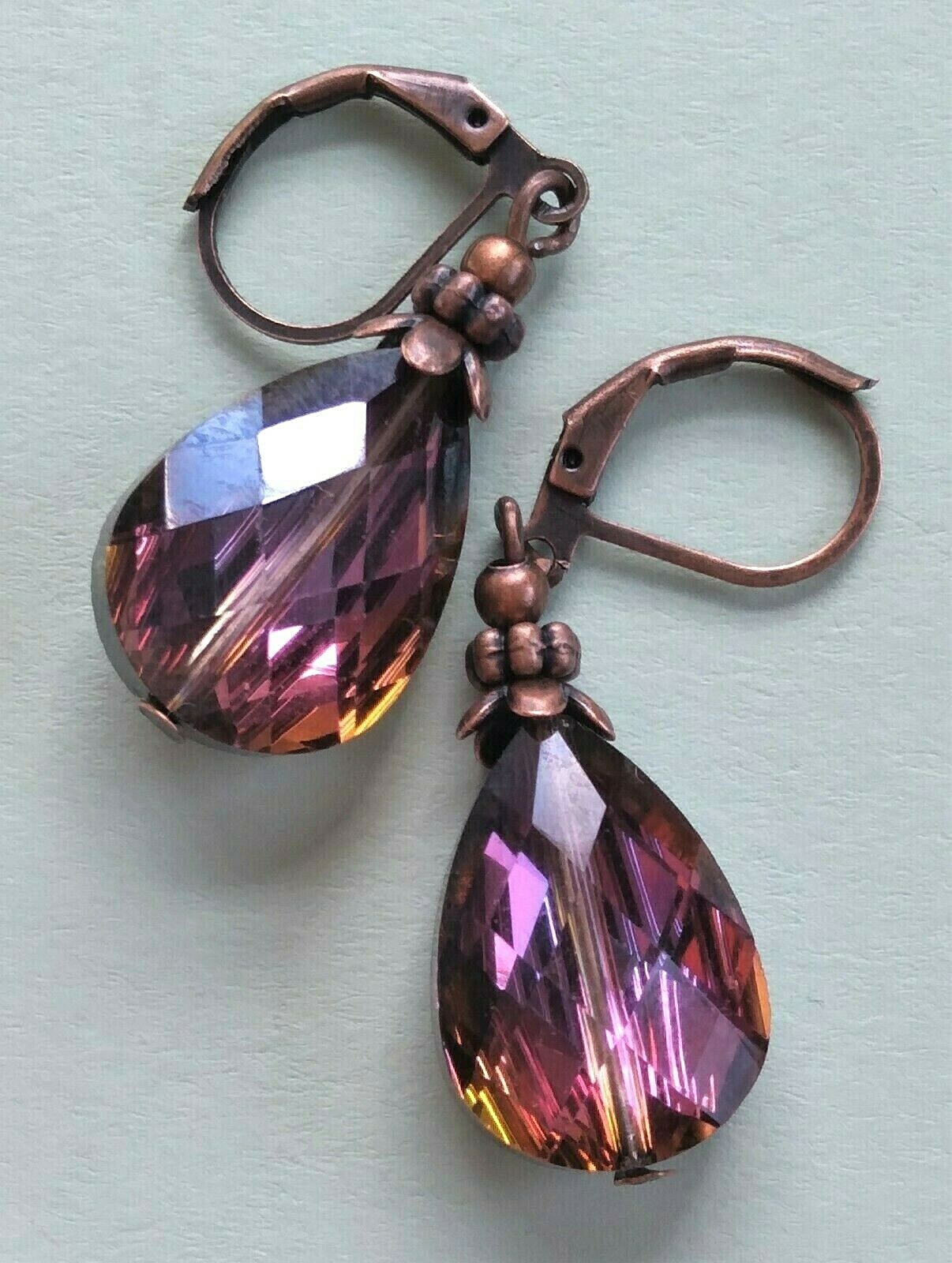 colorized BURGUNDY BLACK pear drop crystal earring COPPER LEVERBACK handmade XX