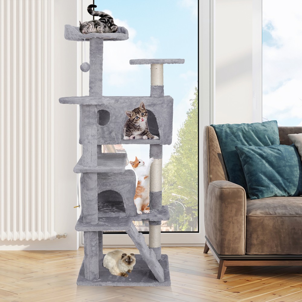 Home Ketty Cat Tree Multifunctional Condo Scracthing Post Tower, Light Gray 55"