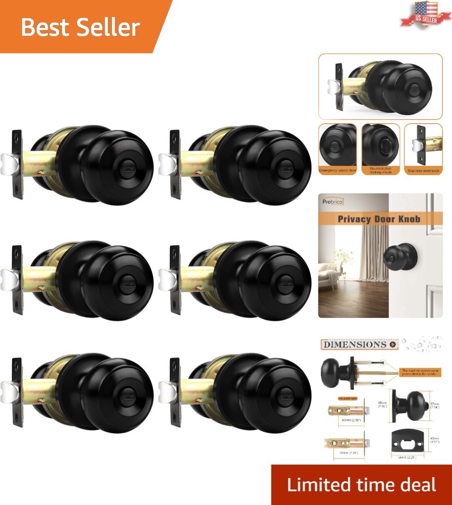 Durable 6 Pack Matte Black Interior Door Knobs - Perfect for Bedrooms/Bathrooms