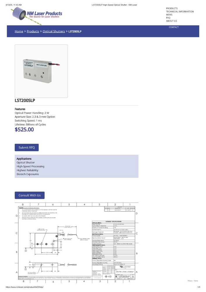 NM Laser Products LST200SLP High Speed Optical Shutter