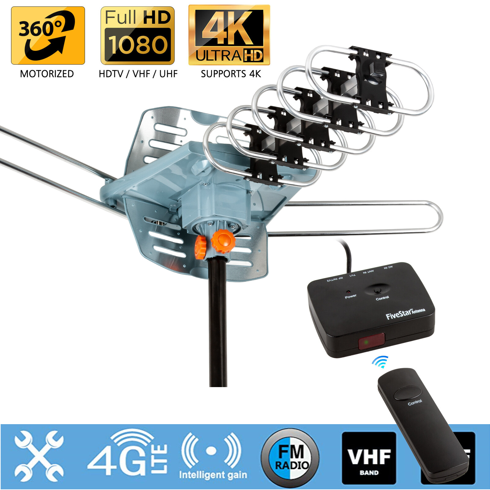 200 Miles Outdoor TV Antenna Motorized Amplified HD TV 1080P VHF/UHF 360° Rotor
