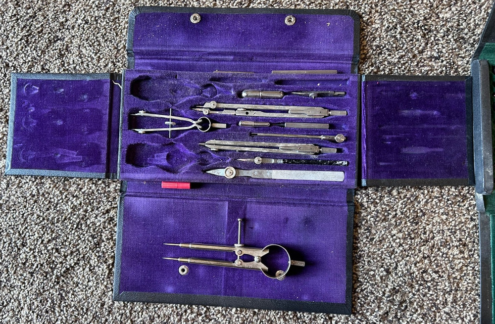 Vintage Drafting Tools Lot Triangles Templates Compass Slide Rule w/ Box