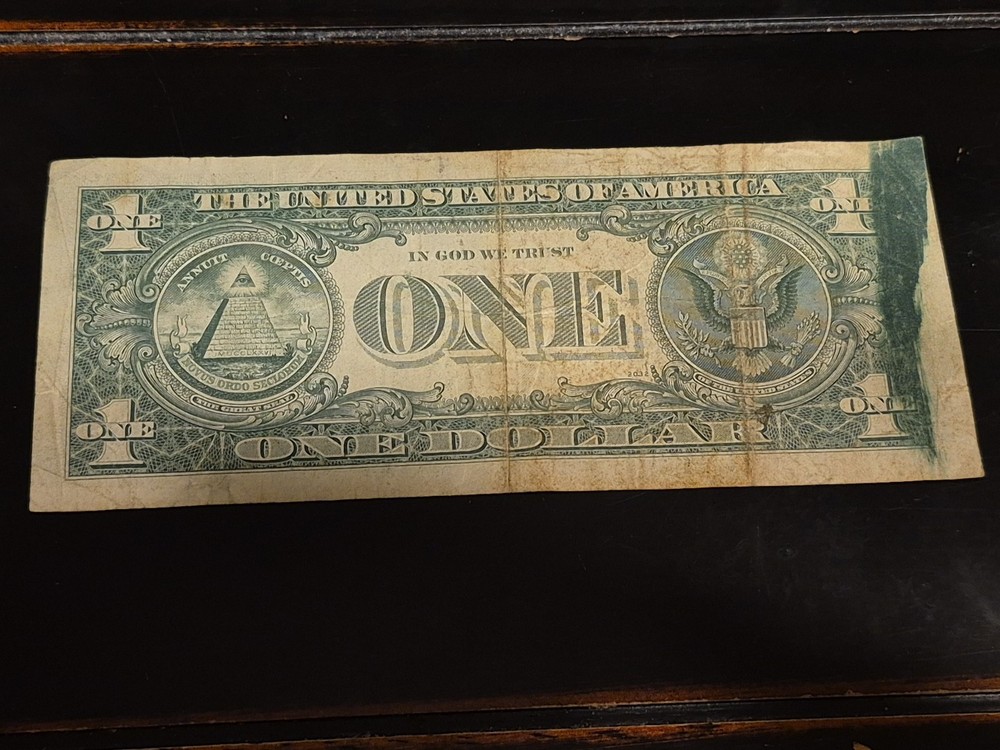 1974 One Dollar Bill Error. Offset On Front And Ink Smear On Back