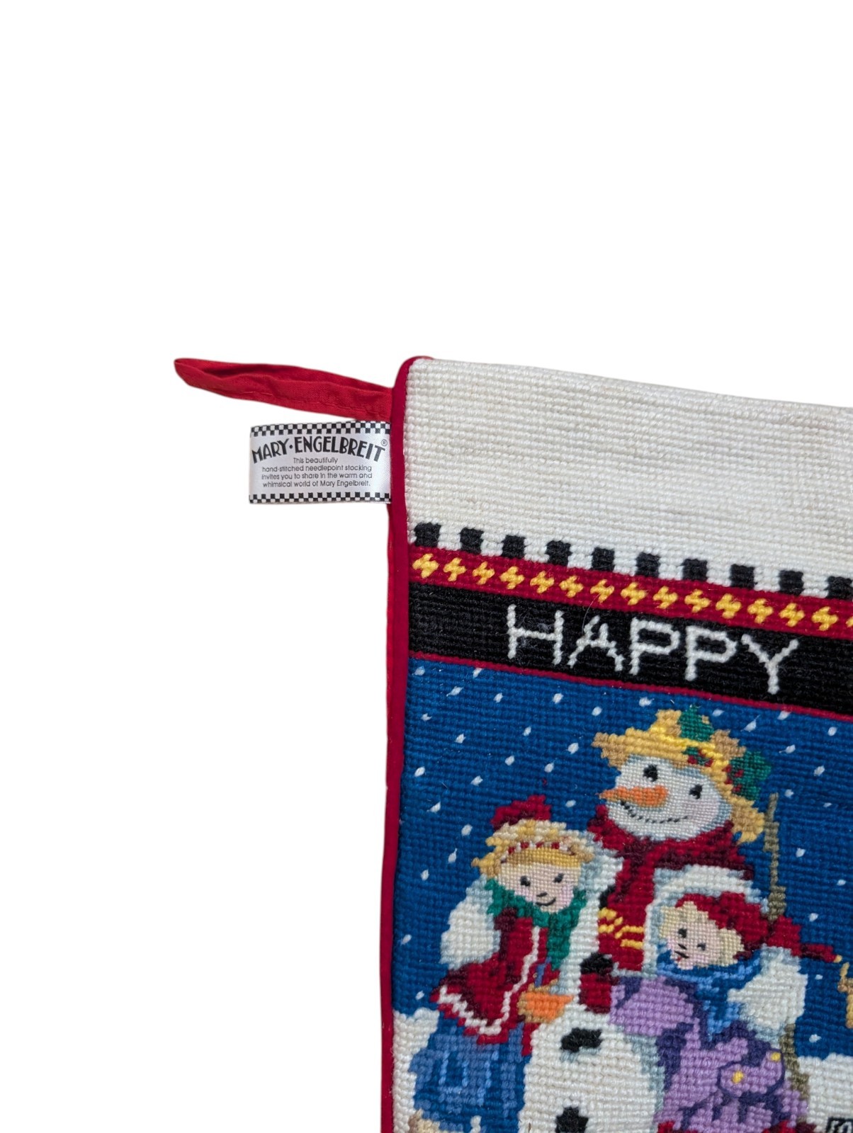 Vintage Mary Engelbreit Needlepoint Christmas Stocking 18” Happy Winter