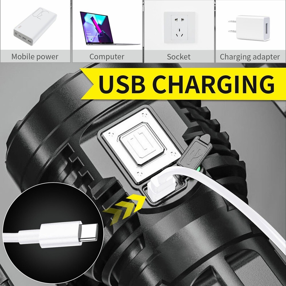 Super Bright LED Tactical Flashlight USB Rechargeable Work Light COB Side Light