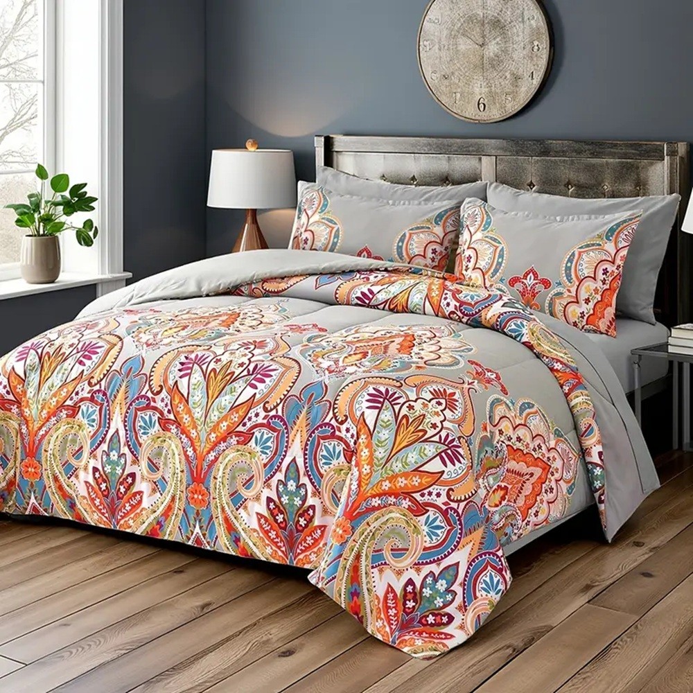 Comforter Set, Boho Pattern, Gray with Rainbow Floral- Size FULL