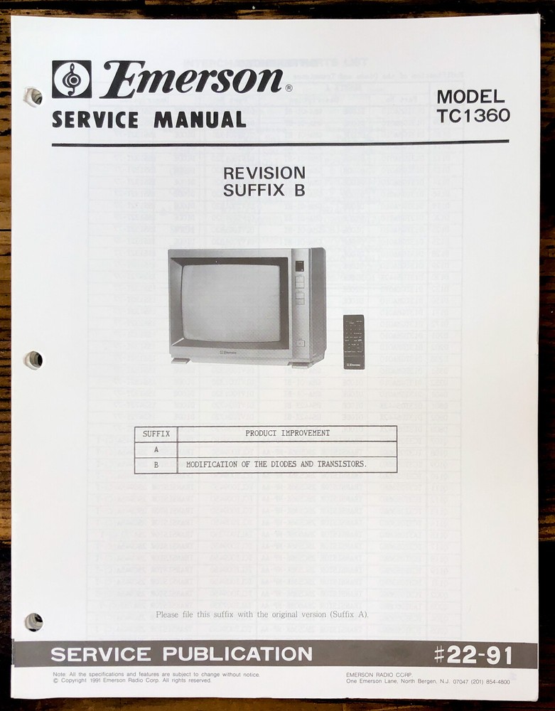 Emerson TC1360 TV  Service Manual *Original*