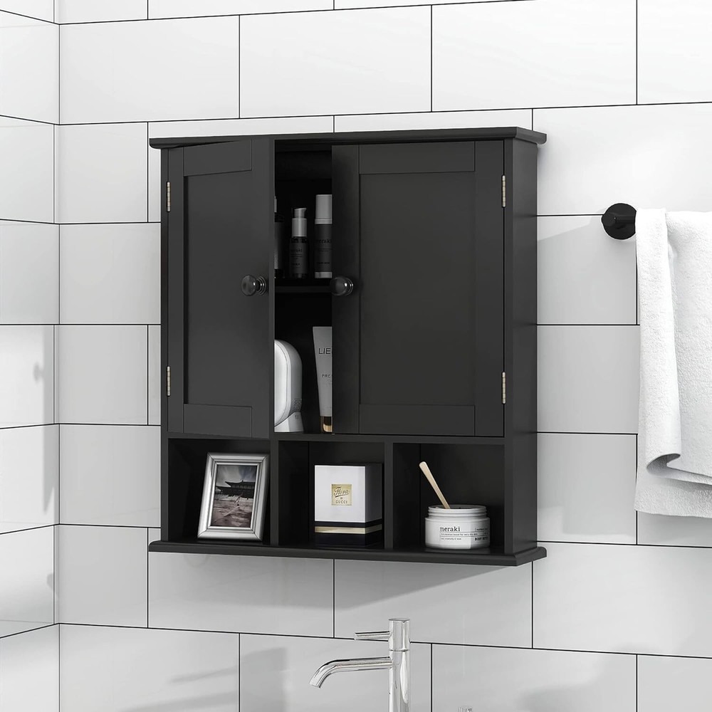 Space-Saving Black Wall Cabinet with 2 Doors and Adjustable Storage Shelves