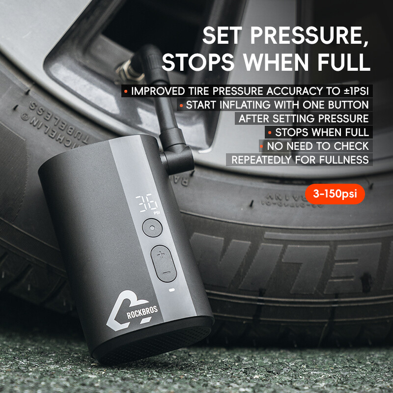 ROCKBRS Electric Bike Tire Pump 150PSI Mini Air Inflator Portable 5000mAh Type-C