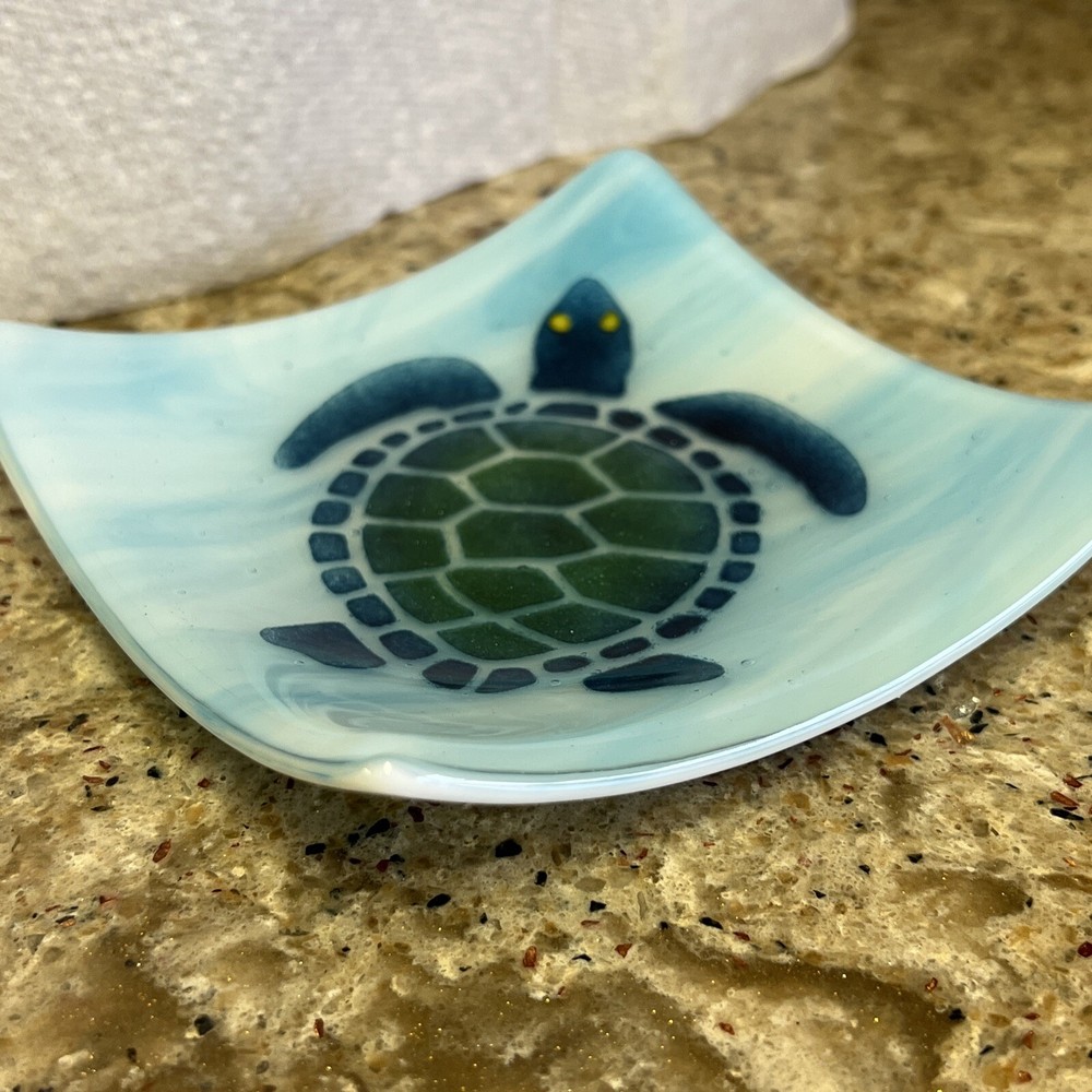 Fused Art Glass Blue Trinket Dish Turtle