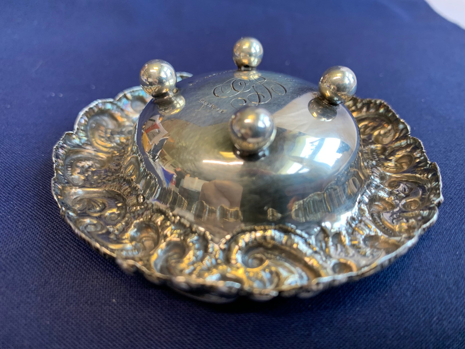 Antique Sterling Silver Condiment Dish Master Salt Cellar 37.03g Floral Repousse