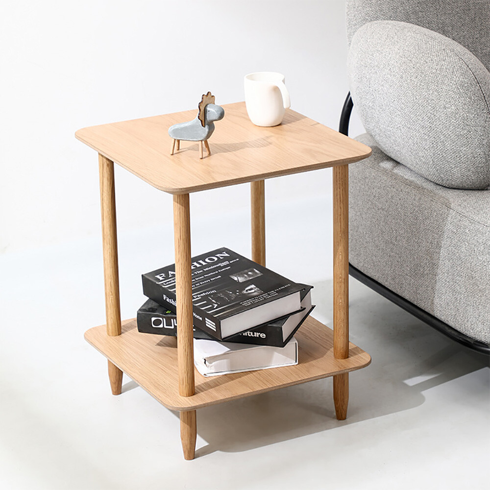 Solid Wood Side Table 2-Tier Small End Table w/ Storage Shelf Narrow Nightstand