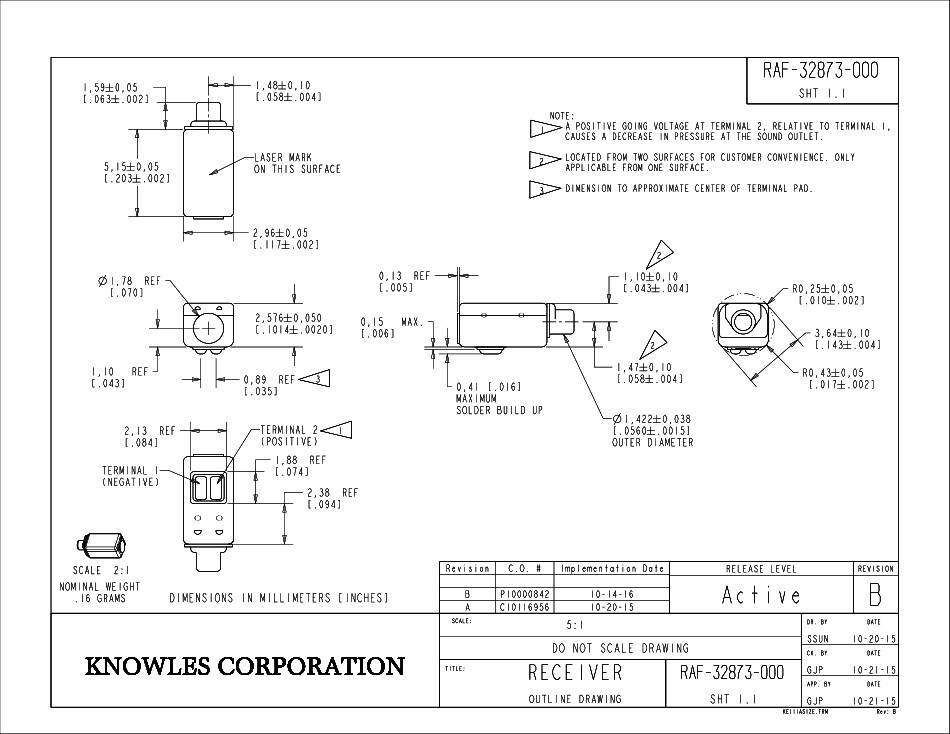 2PCS RAF-32873 Balanced Armature Driver receiver from Knowles Single full-range