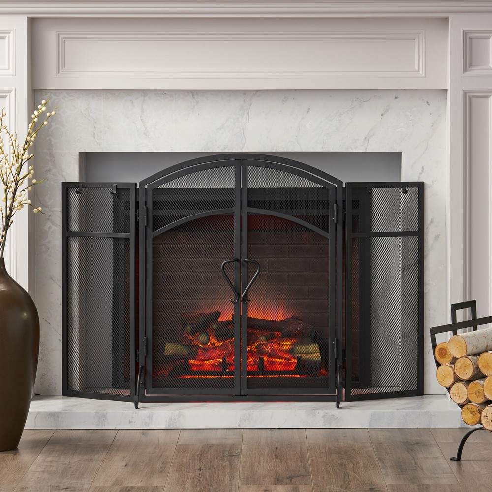 Modern 3 Panel Iron Folding Fireplace Screen with Doors and Tools Matte Black