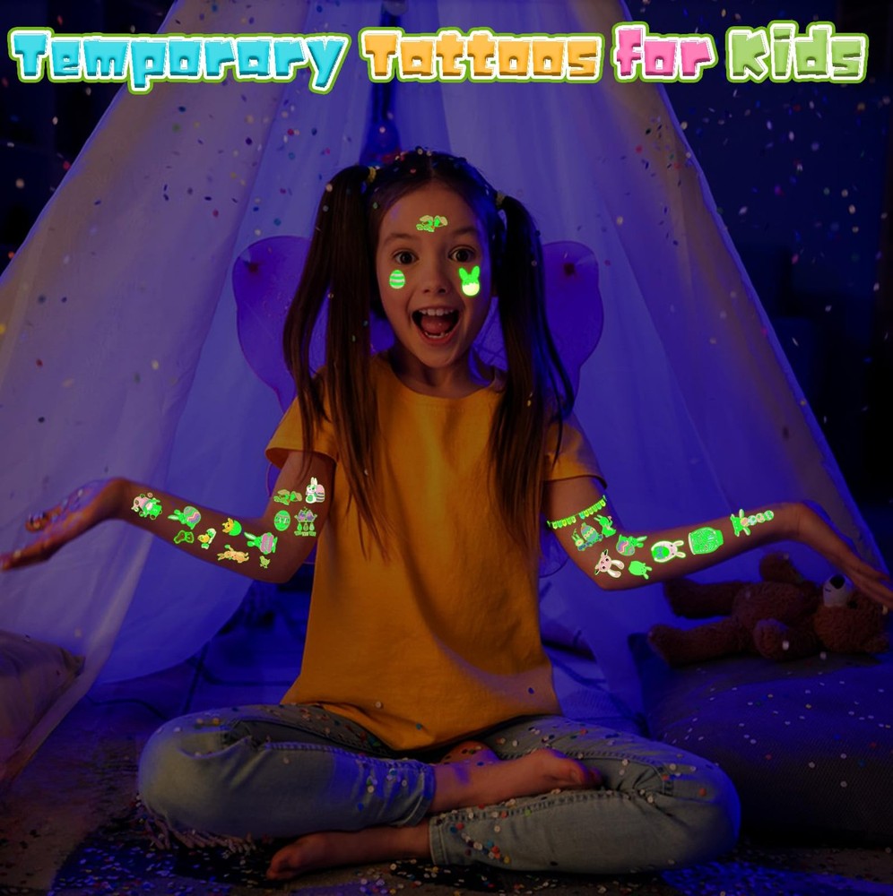 144Pcs Luminous Easter Temporary Tattoos, Egg Fillers Multicolor