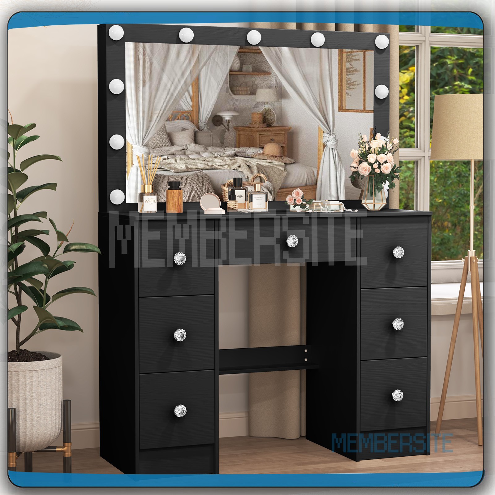 Black Vanity Makeup Desk Dressing Table With Large Mirror + Drawer &Crystal Pull
